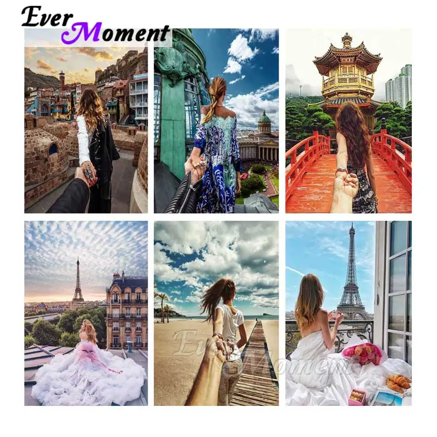 

Ever Moment Diamond Painting View of Back Girl Sea Tower Diamond Embroidery Home Gift Craft 5D Square Drill Mosaic ASF2095