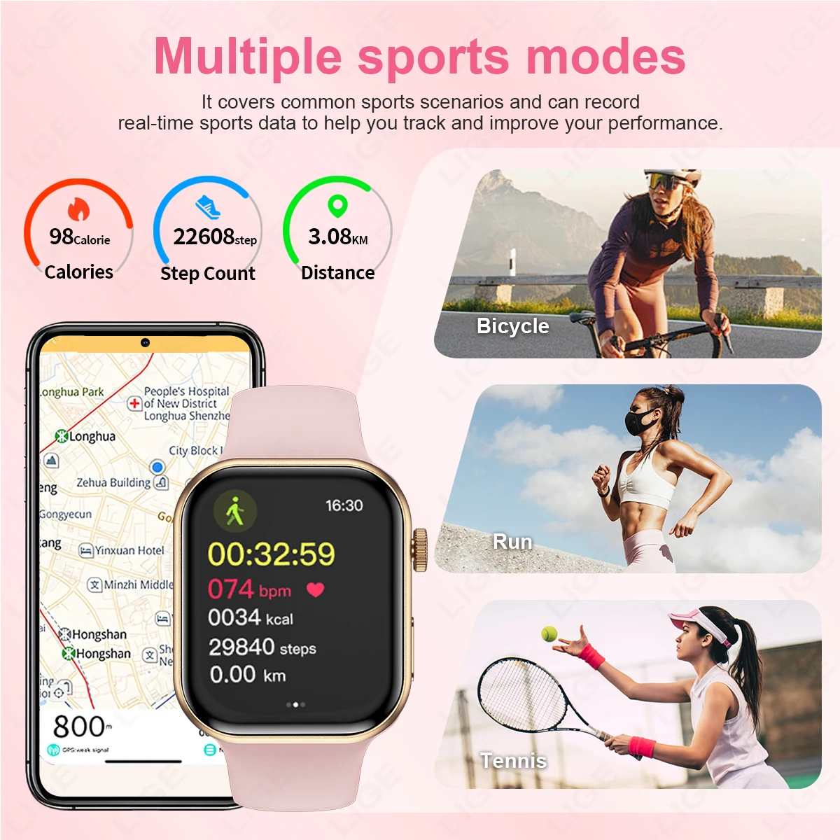 Reloj inteligente LIGE Ultra con 3 correas para hombres y mujeres, AMOLED, frecuencia cardíaca, llamada Bluetooth, deportes, Fitness, reloj inteligente resistente al agua para IOS y Android