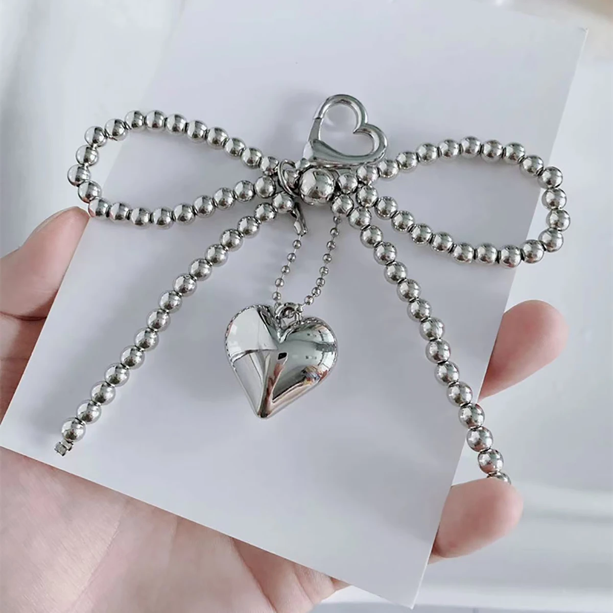 White Bowknot Heart Keychain Women Sweet Charm Pearl Bow Backpack Key Ring Handmade Jewelry Ornament Bags Pendants Gifts image 6