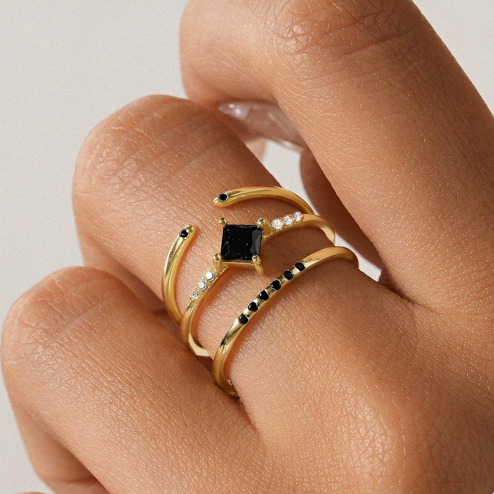 AIDE 925 Sterling silver minimalist Rings For Women Black zircon Gold 3-piece set of Instagram trendy  ring Jewel birthday gifts