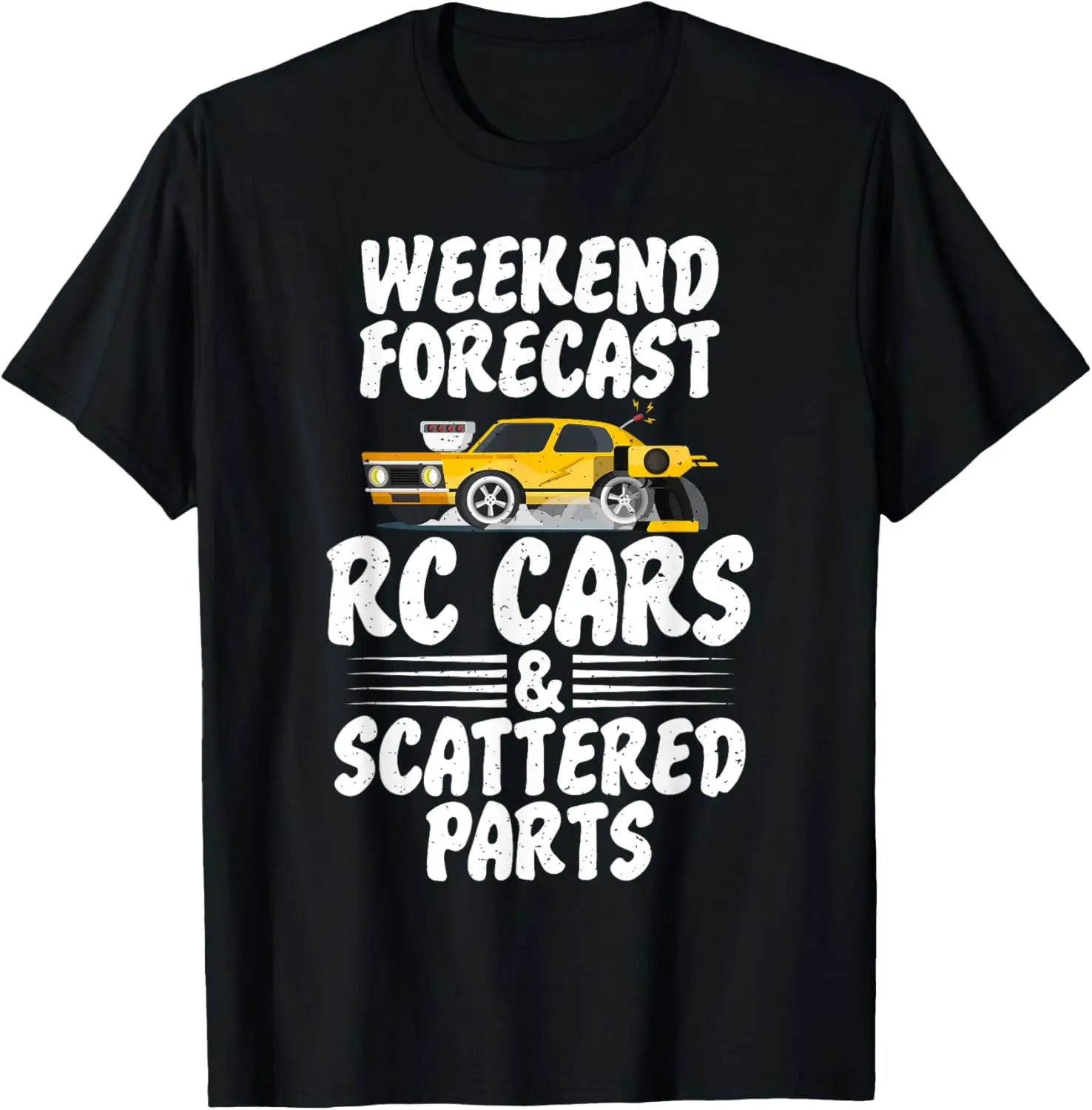 

Прогноз на выходные RC Cars и забавная футболка с радиоуправляемыми автомобилями с разбросанными деталями