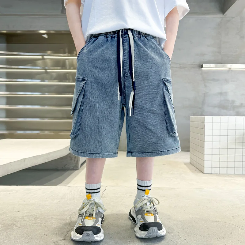 Fashion Denim Shorts For Boys Teenager Kids Elastic Waist Cargo Jean Short Pants With Pocket For Children's Age 5-14 Years Old