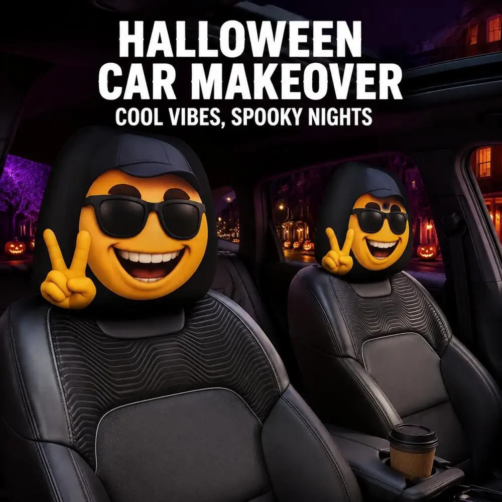 2Pcs Bean Character with Sunglasses Cap Peace Sign Car Headrest Covers 2D Printed Soft High Elastic Halloween Car Interior Decor