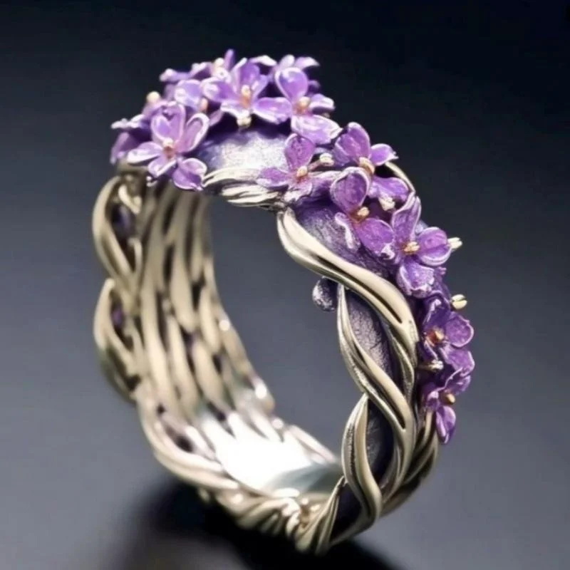 Women's Forest Style Atmosphere Ring Carving Purple Flowers Clustered Elegant Ring Daily Fresh Fashion Jewelry Accessory