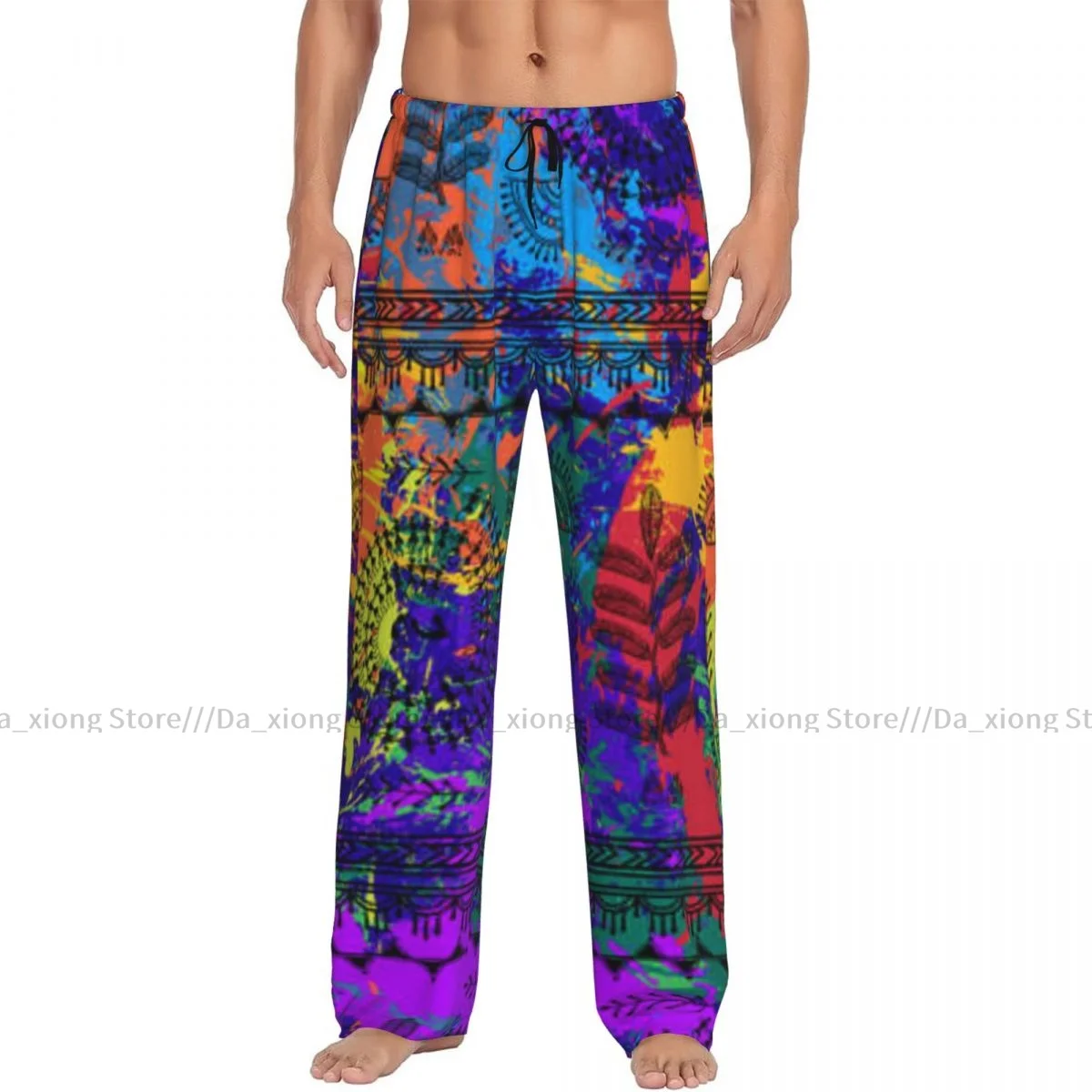 Mens Casual Pajama Long Pant Loose Elastic Waistband Warli Tribal Print Cozy Sleepwear Home Lounge Pants