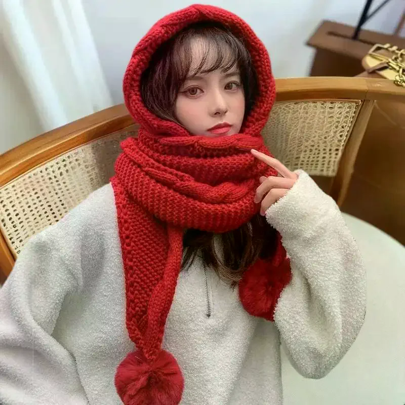 سميكة محبوك قبعة صوفية مقنعين وشاح قبعة حماية الأذن قبعات دافئة قبعة الشتاء ووشاح كومبو للنساء