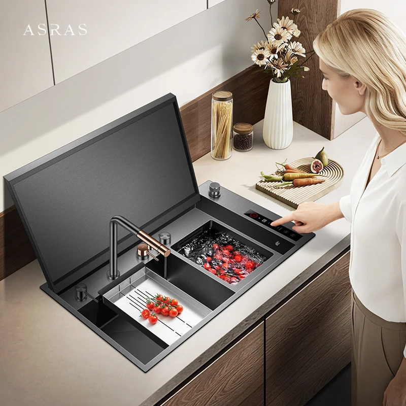 ASRAS Flip Cover Hidden Smart Purifying Island Sink 4mm Thickness Handmade Double Kitchen Sinks