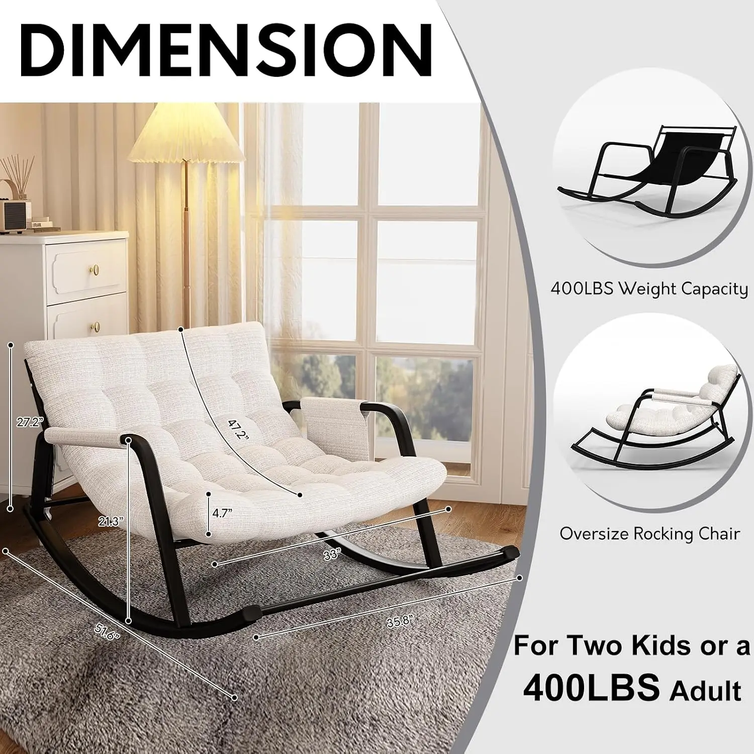 Double Papasan Rocker Chair, Patio Loveseat with Thick Tufted Cushion, 400 lbs Capacity, Side Storage Pocket for Living Room Por