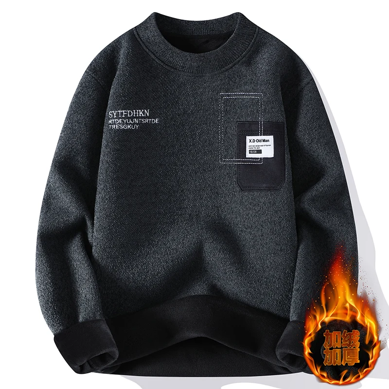 

Мужской утепленный вязаный свитер на флисовой подкладке, осенне-зимний, новый, теплый базовый слой, цельный, бархатный, тонкий, топ