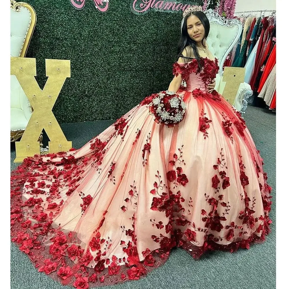 LIYYLHQ 3D Flowers Appliques Lace Burgundy Quinceanera Dresses Ball Gown Beaded Floral Corset Sweet 16 Vestidos De XV Anos New