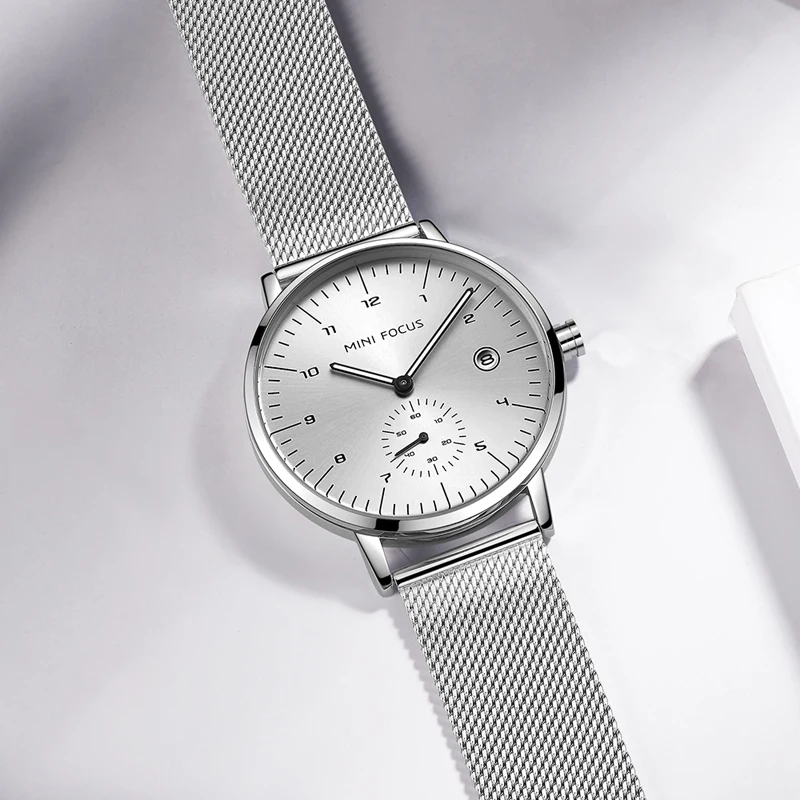 Mini Focus MF0303G ساعة الموضة الطلب الكبير شبكة فضية سوار فولاذي مقاوم للماء التقويم رجال الأعمال التناظرية ساعات الكوارتز