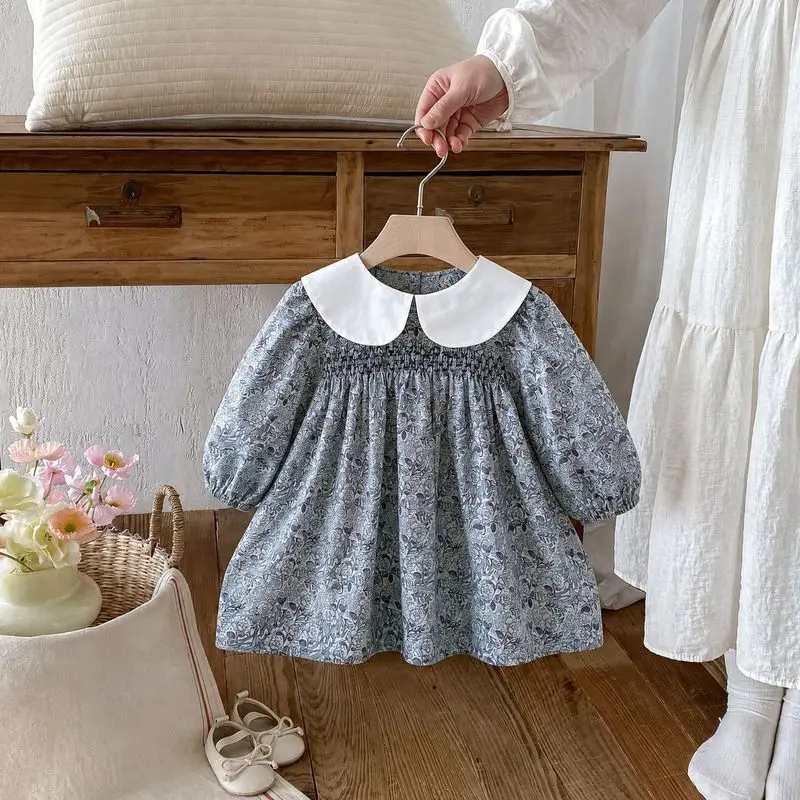 Girls Vintage Floral Dress Peter Pan Collar Long Sleeve Bubble Sleeve A-Line Kids Casual Swing Dress