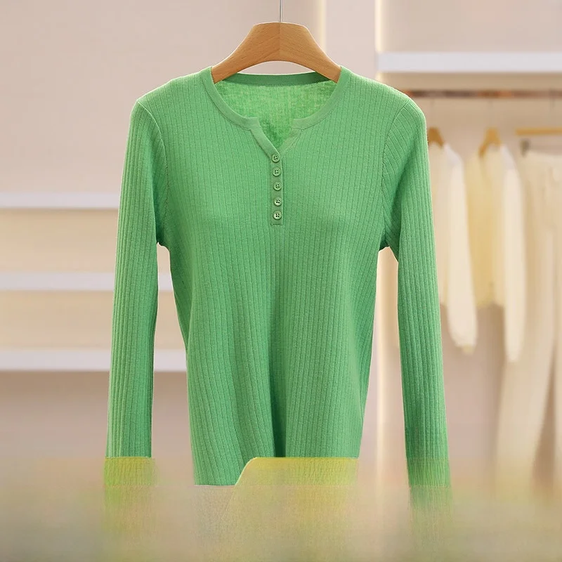 

Korean Style Women's Knitted Sweater Pure Color Decorative Button Base Layer Winter Fashion Straight Tube Shape Long Sleeve