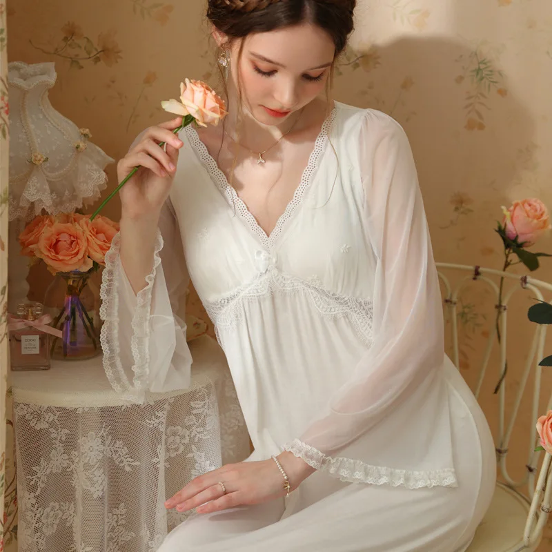 The new nightgown mesh long-sleeved long section court princess sweet pajamas sexy spring and fall with cushion home wear women