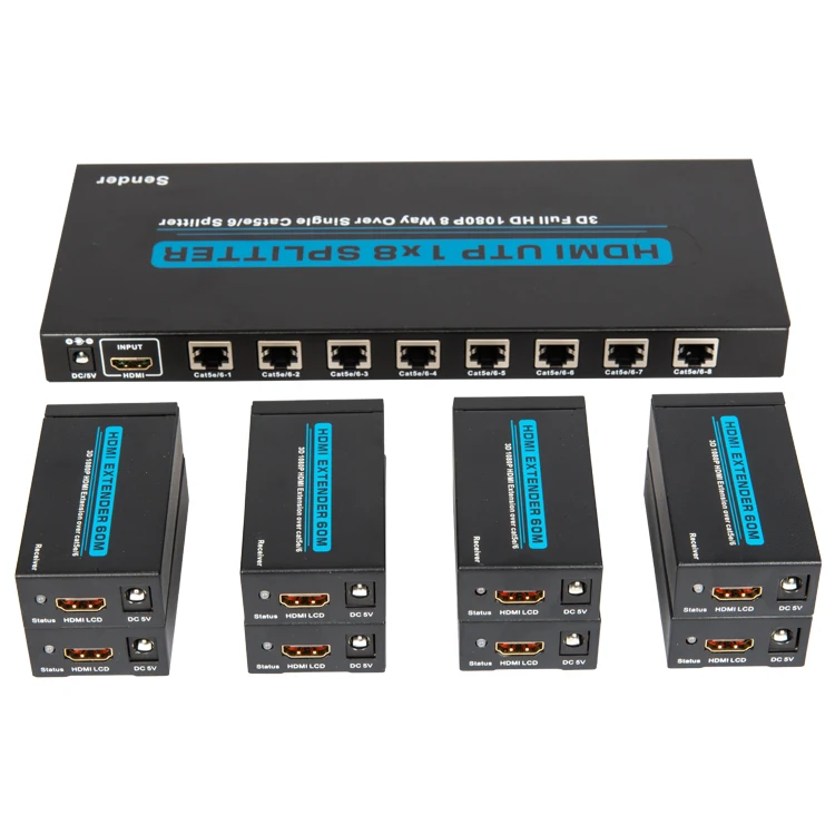 8 Port/Way HDMI over Single CAT5e/CAT6 Splitter Full HD Multi Room TV Extender upto 60m