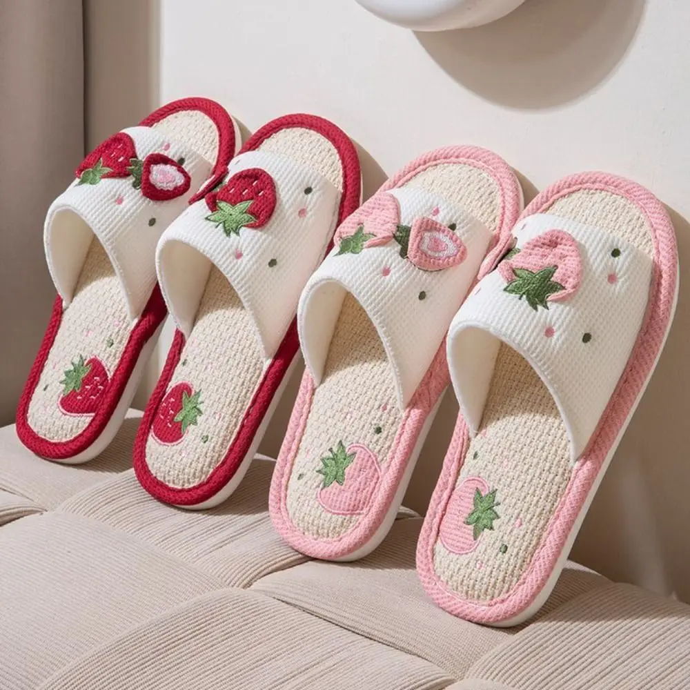 

Soft Sole House Linen Slippers Flax Anti Slip Strawberry Slippers Women Open Toe Breathable Sweet Indoor Slippers Bedroom