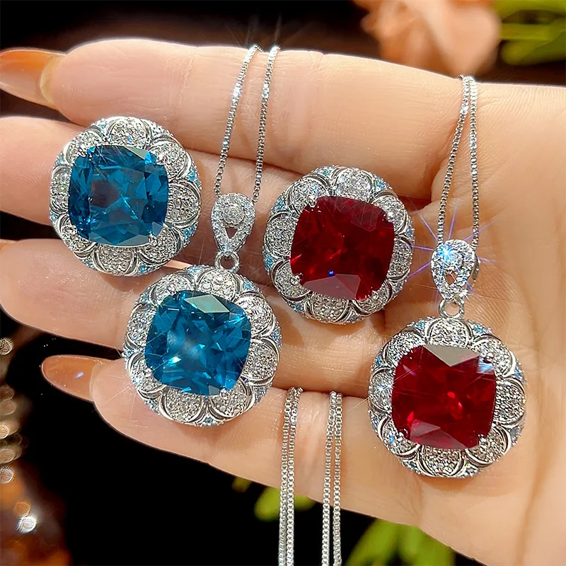 

Jewelry set with copper base, gold-plated blue spinel, vintage style, main stone 14*14