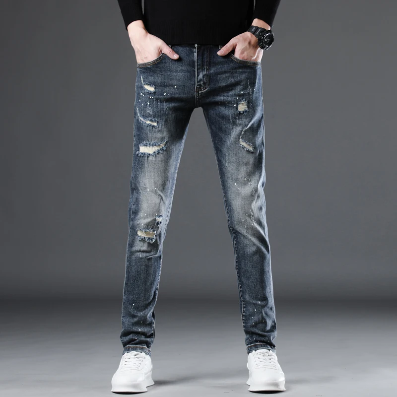 2024 high quality autumn and winter splashed ink ripped jeans men's pants slim fit elastic small leg pants casual men's pants