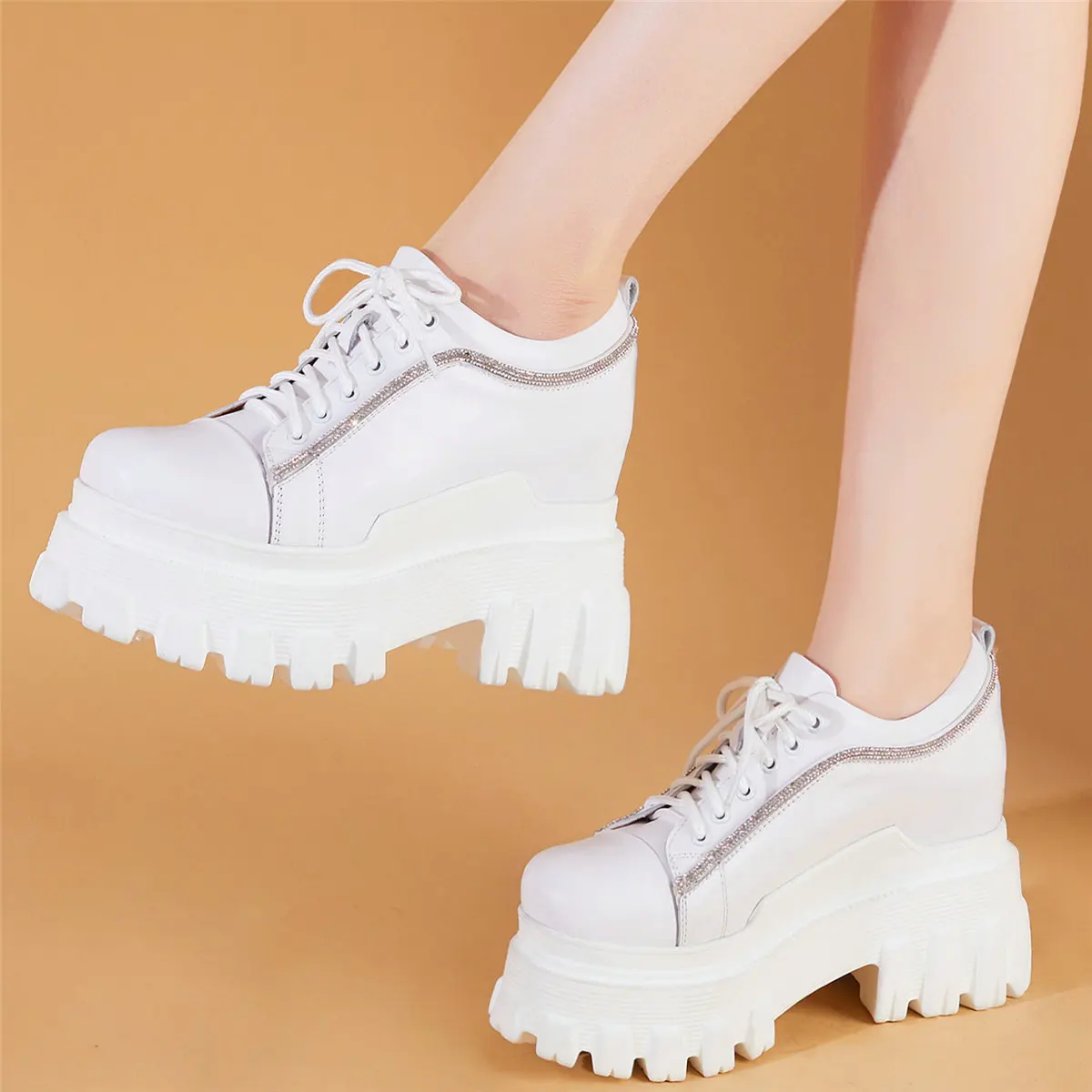 

Height Increasing Creepers Women Lace Up Genuine Leather High Heel Platform Pumps Female Round Toe Fashion Sneakers Casual Shoes