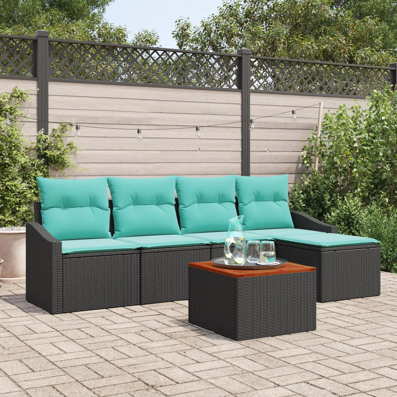 

6 Piece Outdoor Rattan Sofa Set with Cushions Acacia Frame Stylish Garden Furniture