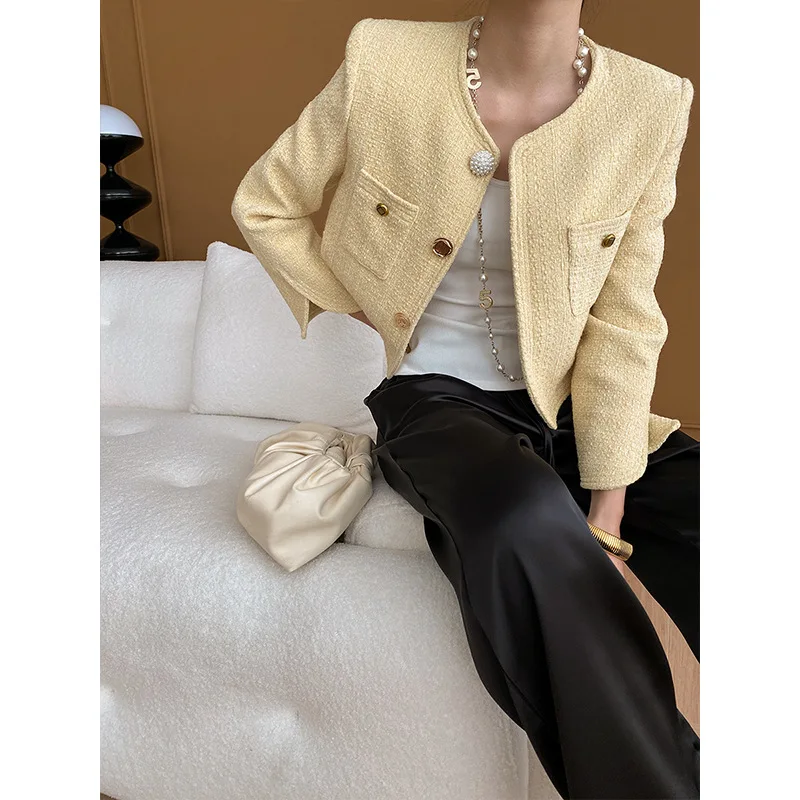 Artistic Feeling Special-shaped Buckle Fashionable Round Neck Small Tweed Coat 2024 Early Spring New Wool Jacket