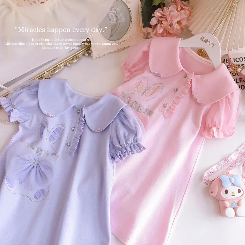 Girls' Dress Birthday party kids es Fashion Summer Sweet Bubble Sleeve Bowknot Cartoon Rabbit Children's Wear