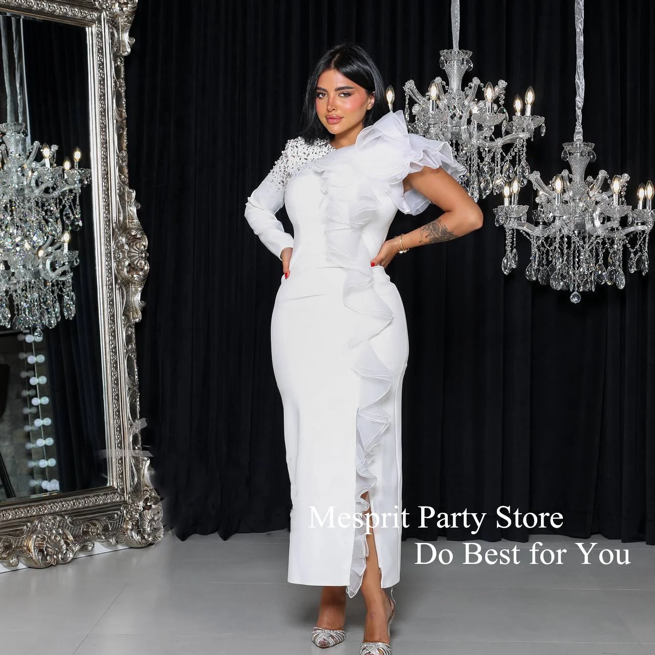 

White Arabian Evening Dress O Neck Long Sleeves Crystal Beading Ruffles Mermaid Cocktail Party Gown Ankle Length Prom Dresses