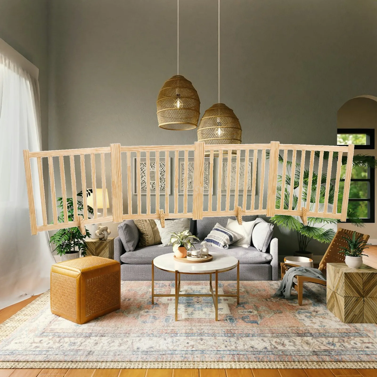 Indoor Pet Safety Fence Wooden Gate for Dogs Foldable Animal Barrier for Doorway and Furniture