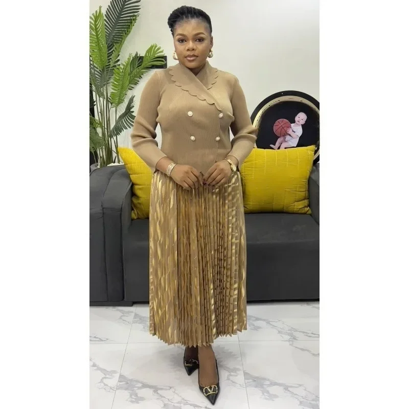 2025年新作 ミヤケ アフリカンファッション ブロンズ加工 ルーズ レディース プリーツワンピース 気質 スーツカラー エレガント ロングドレス