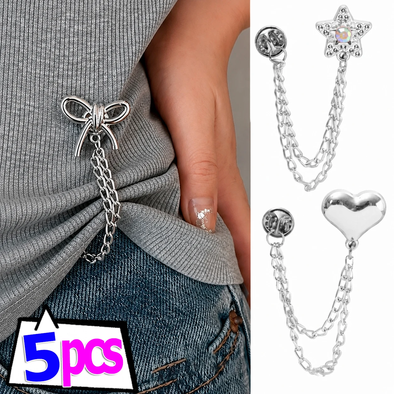 5Pcs/set Multi-Function Metal Clothing Clips with Chain Pin Buckle Anti-exposure Brooch Pants Waist Tightener Fitting Pins