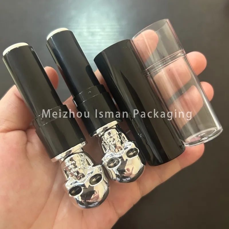 50 pçs vazio preto natal dia das bruxas metal tira crânio cabeça batom recipiente de maquiagem tubos de bálsamo labial embalagem de brilho labial