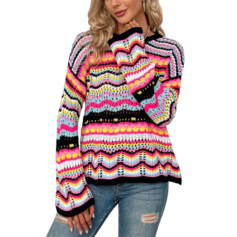 

Women Crochet Knitted Loose Style Sweater Variegated Color Long Flared Sleeve Round Collar Knitwear Female Spring Fall Pullovers