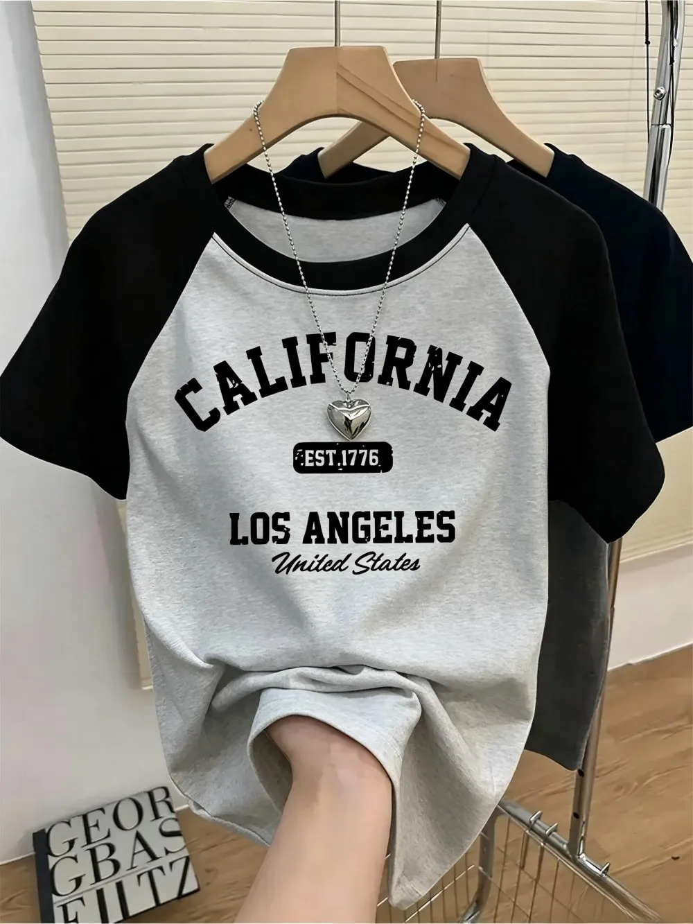 New 1776 Summer Vintage California Letter Splicing Printed Micro Elastic Breathable Round Neck T-shirt Outdoor Casual Top