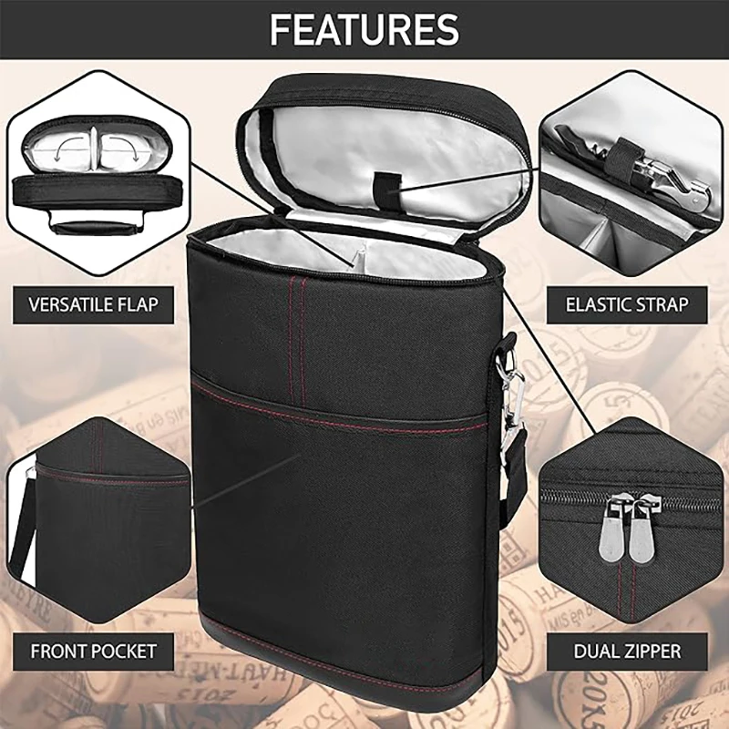 2 Botol Tas Pendingin Tote Anggur Tas Dingin Lapisan Anti Bocor Pembawa 14 Inci Terisolasi Tiga Hadiah Perjalanan Pesawat untuk Piknik