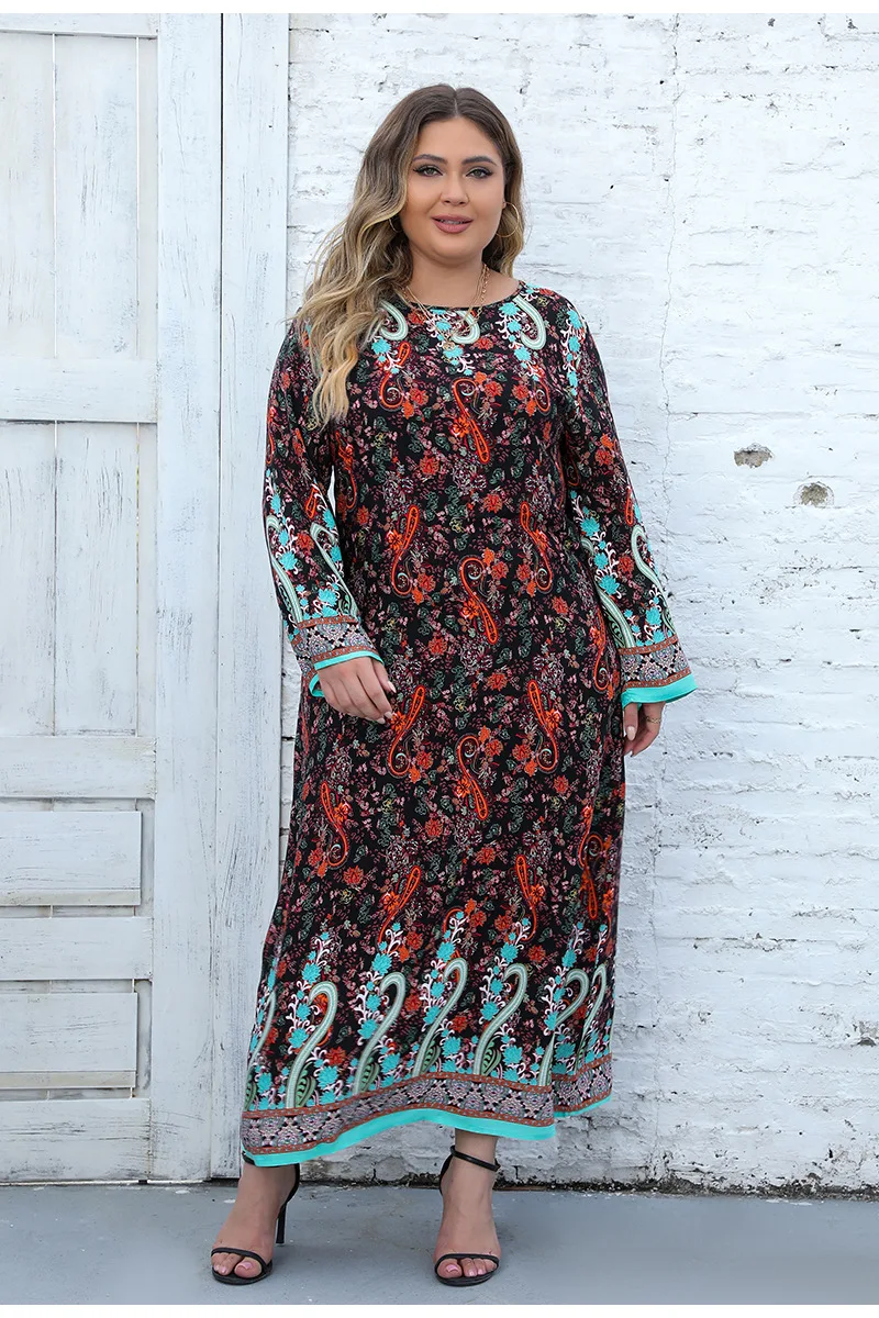 Vintage Plus Size Dresses Ethnic Style Women O-Neck Printed Long Dress Spring Summer Fashion Casual Lady Elegant Dress