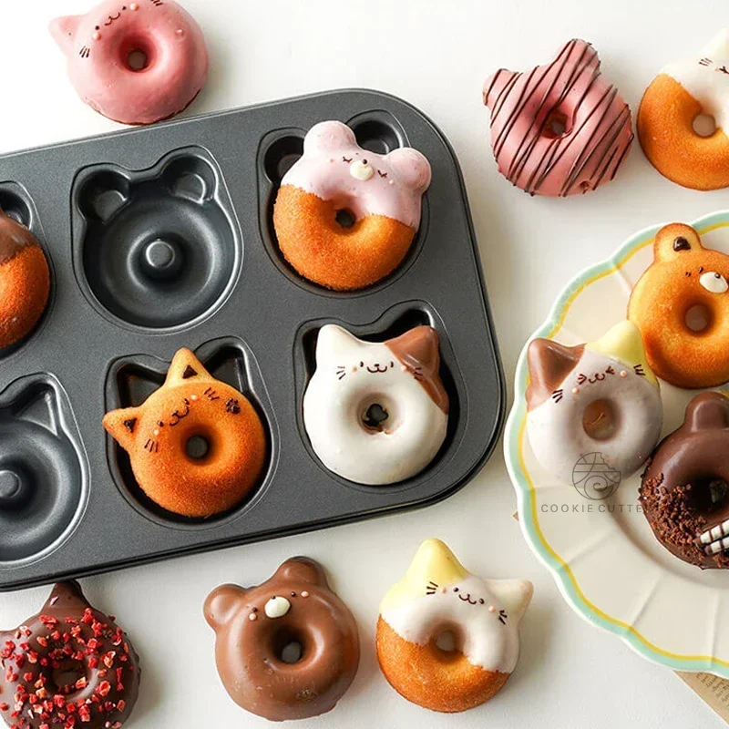 

Hot SalesAuthentic New Doughnut Cartoon Bear 6 Even Chocolate Cake Baking Tray Home Baking Tools