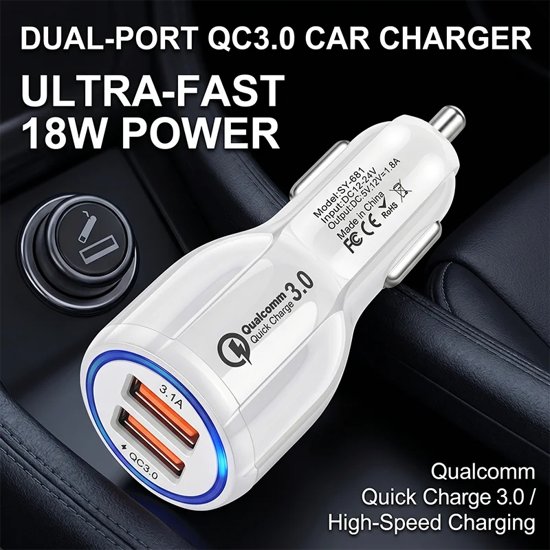 QC 3.0 Dual USB A Car Charger 3.1A Rapid Charging Adapter For iPhone 17 16 Pro Max For Samsung For Phone Tablet Tablet Car Plug
