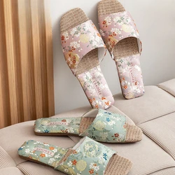 Retro Chinese Style Embroidered Satin Home Light Luxury Slippers New Chinese Style Open Linen Cow Tendon Sole Slippers
