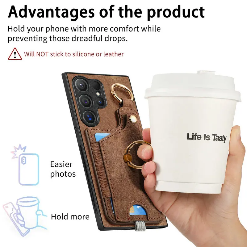 Magnetic Card Case for Samsung Galaxy S26 Ultra 5G Luxury Cover Leather Metal Ring Back Coque Samsung S24 Plus S25 S 24 FE Funda