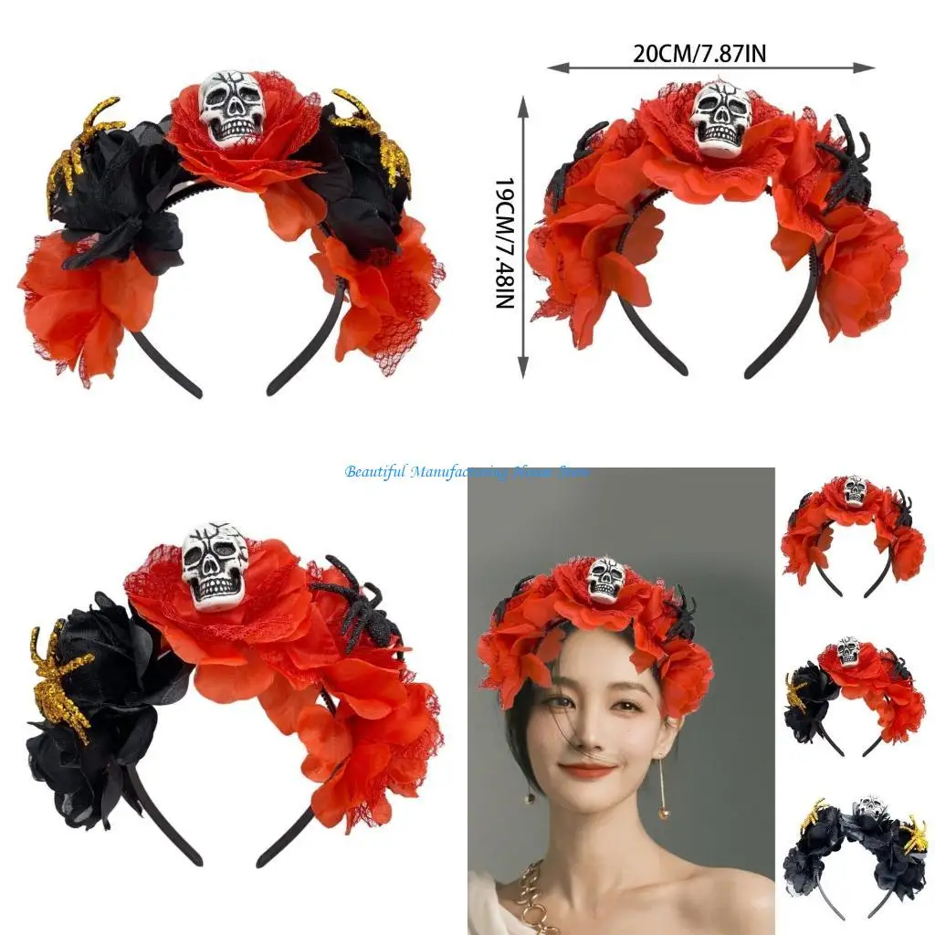 

E56A Страшный цветочный повязка на голову со скелетом, костюм для косплея Día Muertos, головной убор с черепом