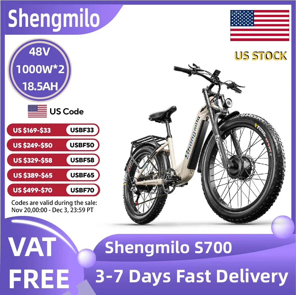 

Shengmilo S700 Adult 1000W*2 E-bike Men's E-Mountain ebike with Two Motor, 48V18.5AH Battery,26" Fat Tire Electric Bike