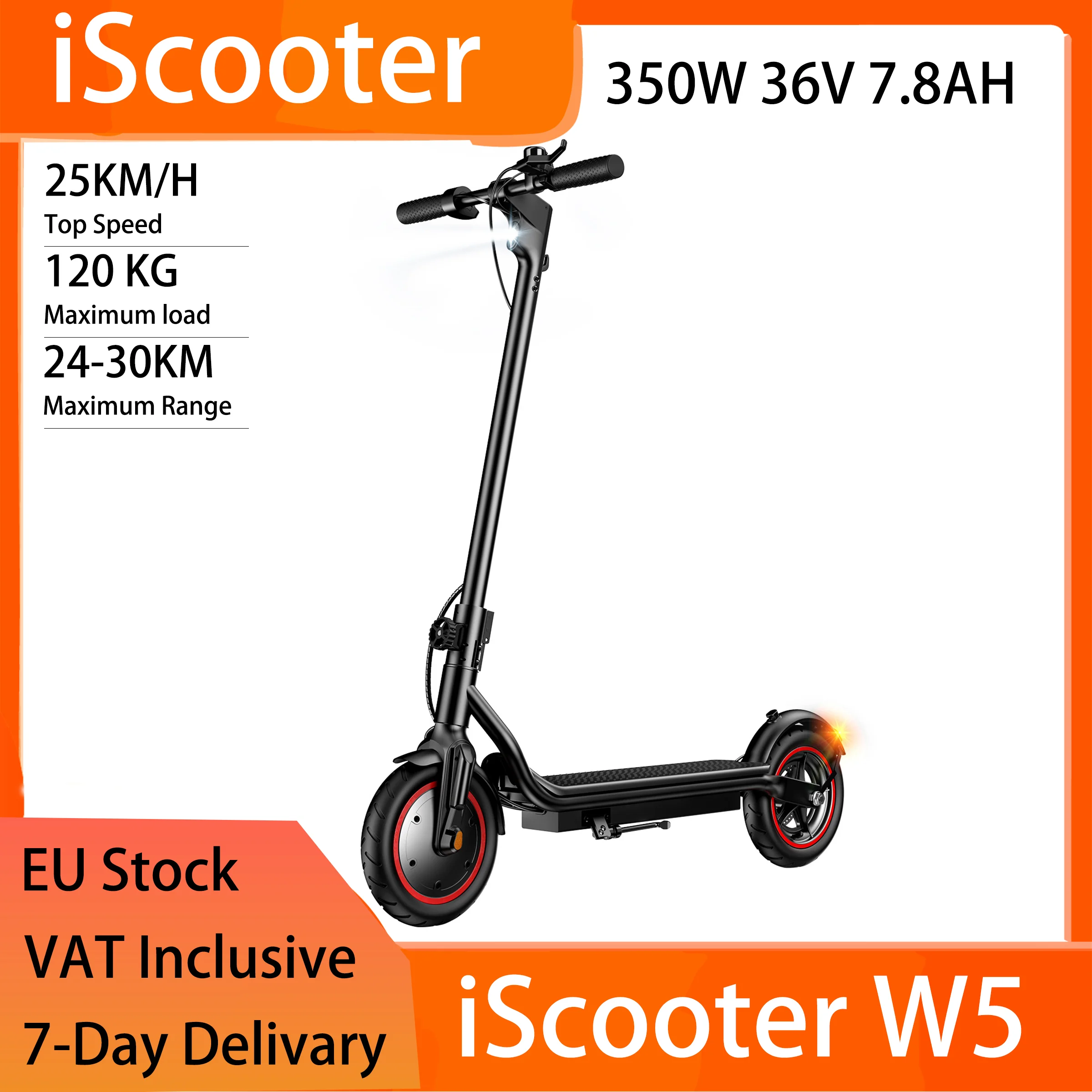 Scooter elettrico pieghevole iScooter W5 da 8,5, 350 W, 7,8 Ah, 24-30 km, 30 KM/H, disco+freno elettronico, IPX4, 120 kg, nero