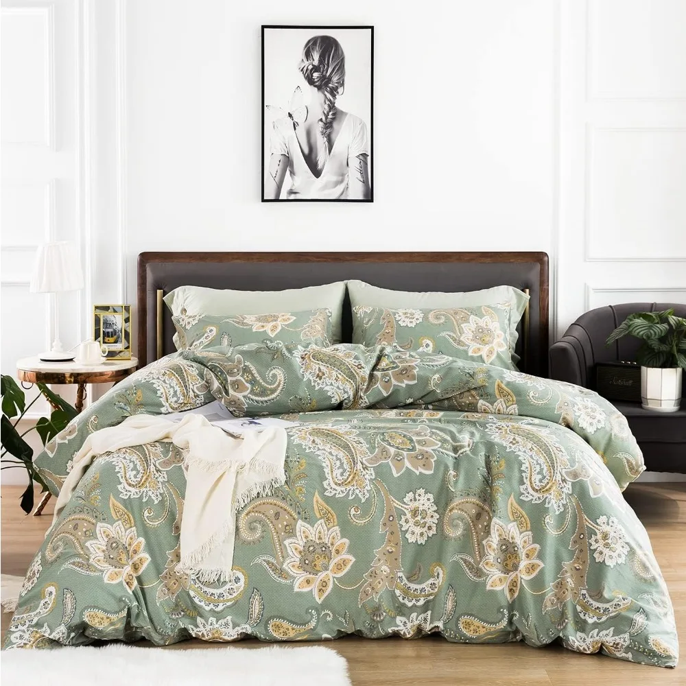 

Queen Size Green Paisley Cotton Duvet Cover Set with Vintage Bohemian Floral Pattern and Zipper Closure, Includes 2 Pillowcases