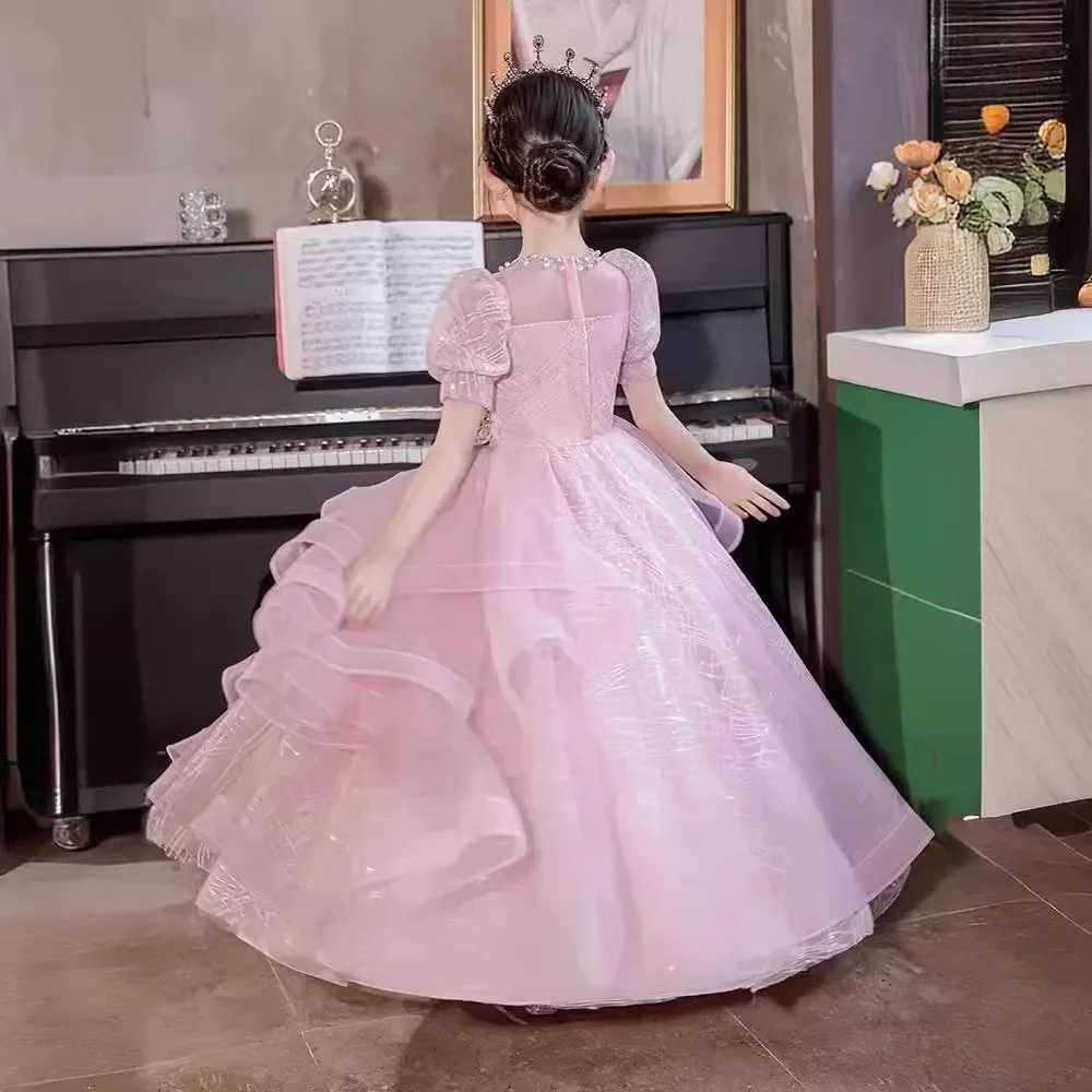 Piano Performance Dress 2024 New Pink Super Immortal Flower Girl Fluffy Princess Dress Little Girl Model Walk Dress