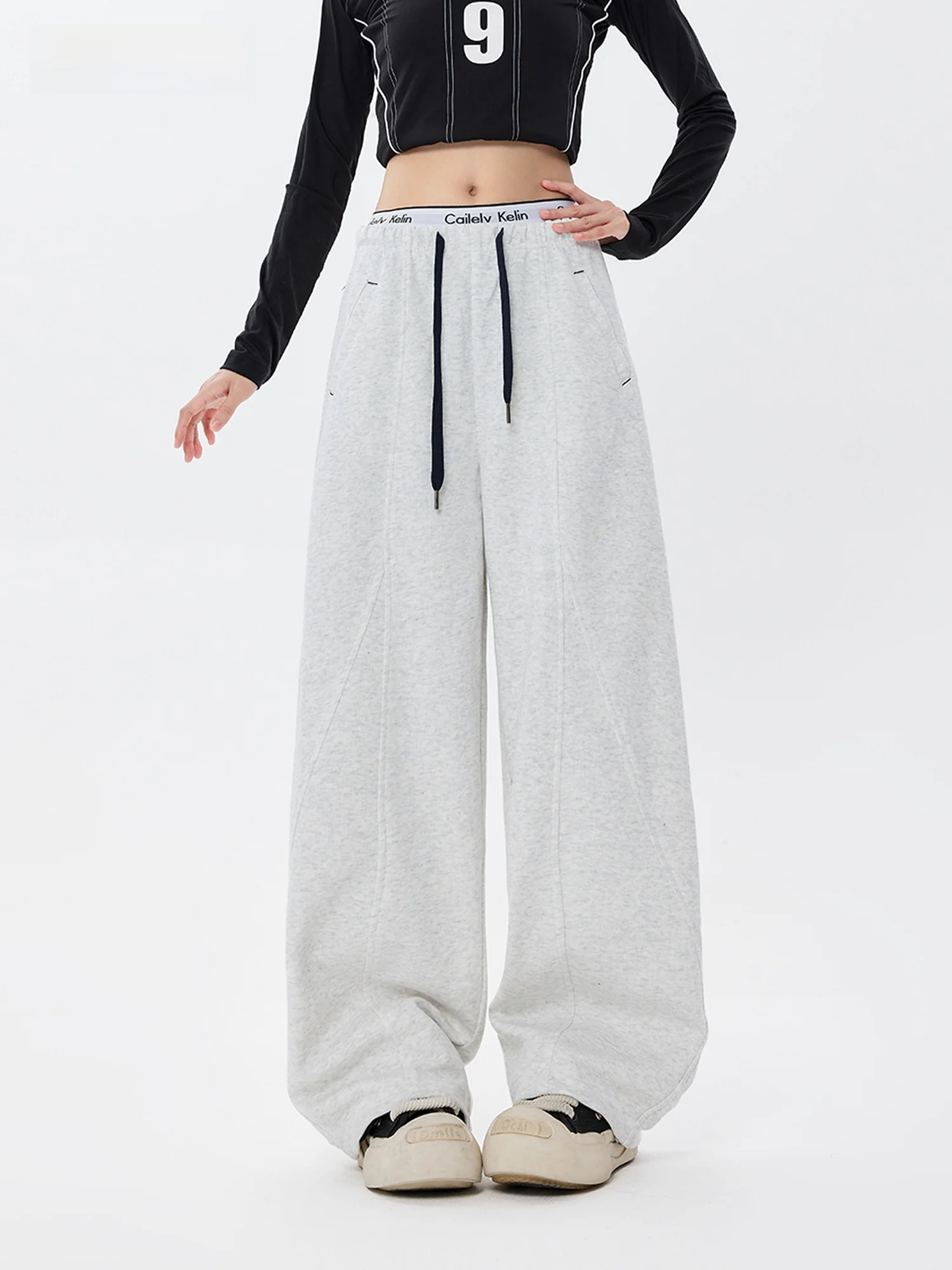 

Женские повседневные брюки EDX Floral Grey с широкими штанинами, свободного кроя, в американском стиле, весна 2026, новые, с эластичным поясом, прямые, трикотажные, кофейного цвета.