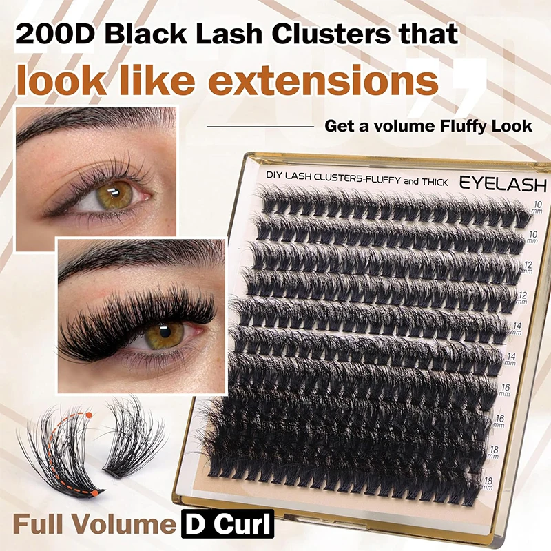 Fluffy Thick Lash Clusters DIY Eyelash Extension 10-18mm D Curl Lash Clusters 200D Wispy Individual Eyelash Extensions Clusters