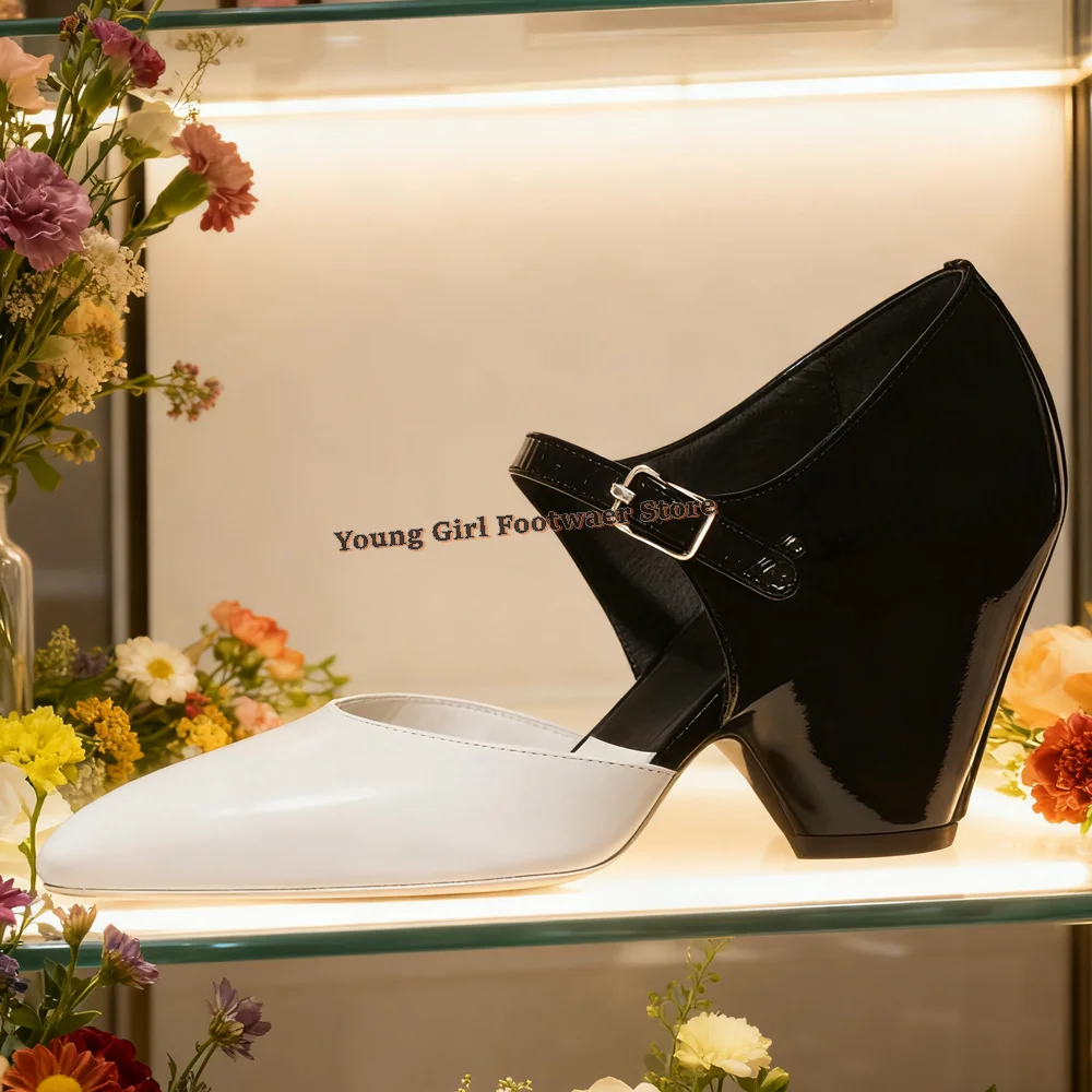 

Pointed Color Matching Leather Shoes Heteromorphic High Heel One-line Buckle Strap Pumps Spring And Autumn Women's Shoes