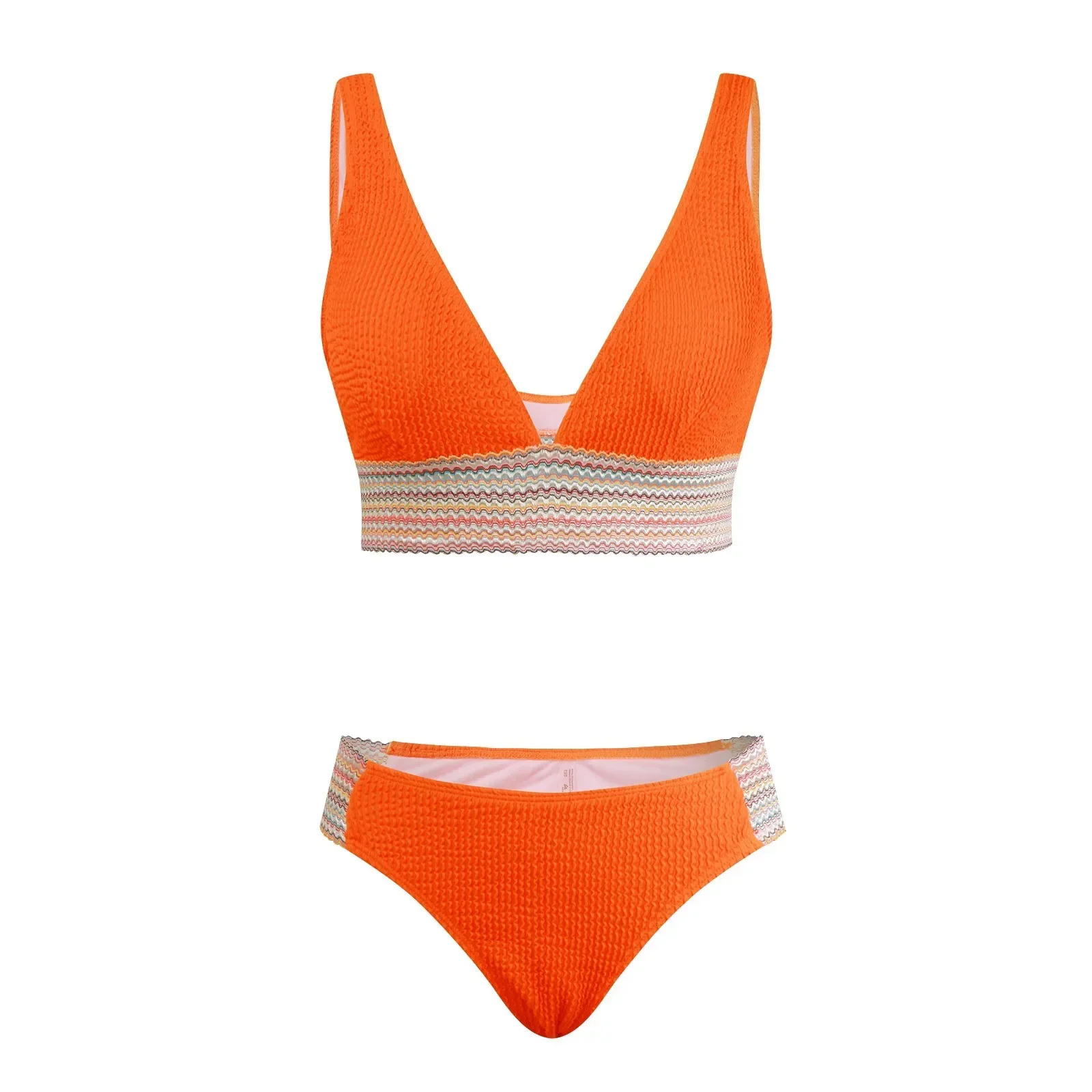 Women'S Splicing Elastic Swimwear Solid Color V-Neck Underwear Vest Beachwear Swimsuit One Piece Bikini Set Conservative
