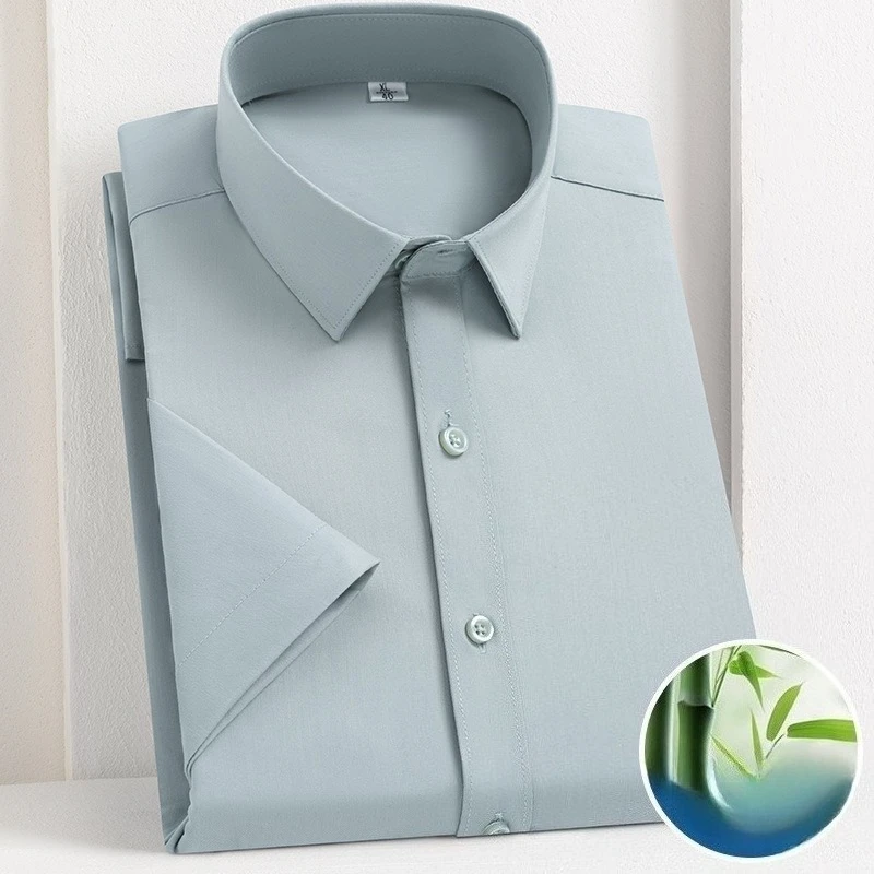 

Bamboo Fiber Anti-wrinkle Classic Solid Color Work Blue White Shirt Men short sleeve Slim Fit Big Size men shirts short sleeve