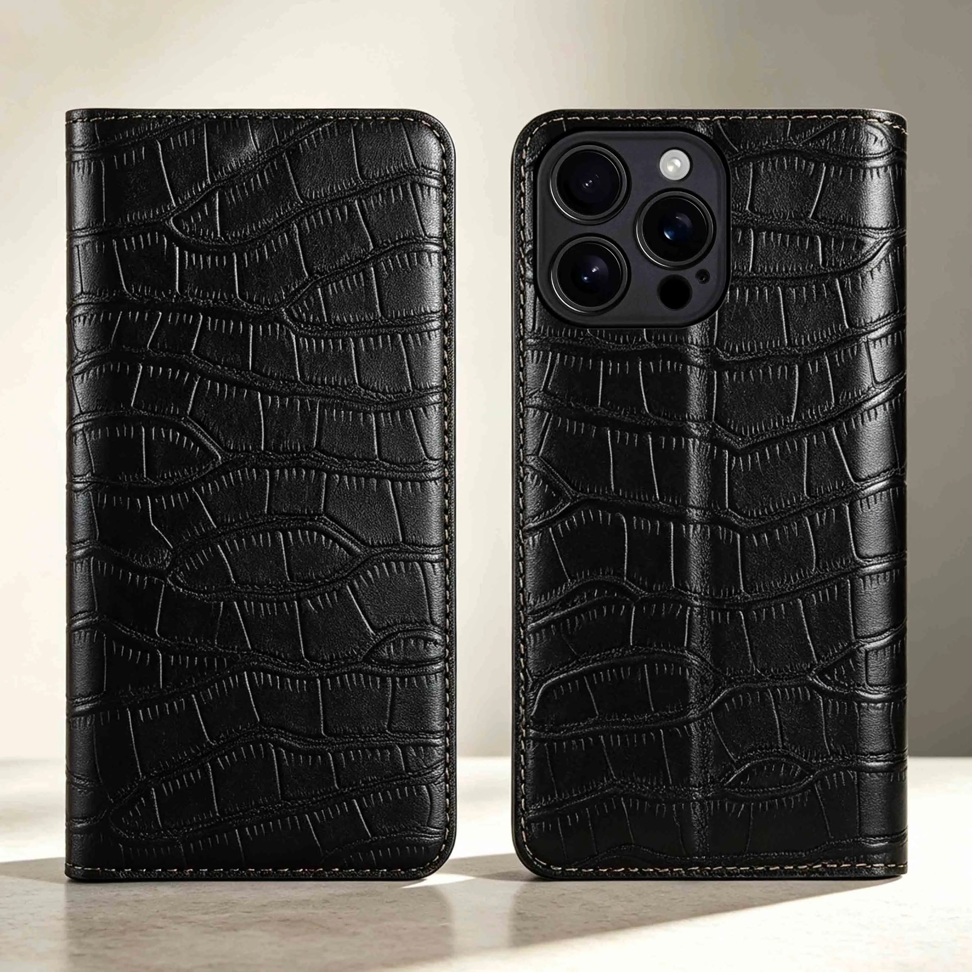 Crocodile Belly Genuine Leather Flip Case For Apple iphone 11 12 13 14 15 16 16e 17 18 Pro Max Plus Air Mini Wallet Phone Cases